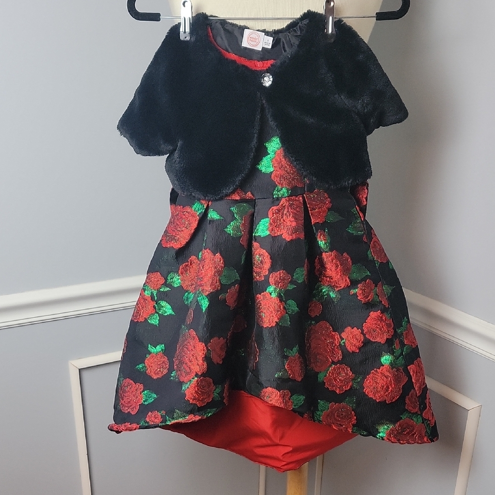 WONDER NATION Black Red Rose Brocade Hi Low Hem Party Dress Faux Fur Shrug 6